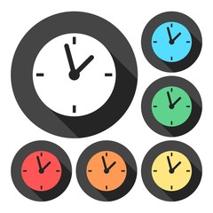 Flat clock icon set on round color background