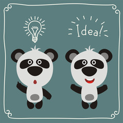 Two funny panda bear with lamp of idea and text. Set for child education. Icon idea.