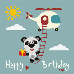 Happy birthday! Funny panda bear flying on a helicopter with a birthday gift in hand. Birthday card.