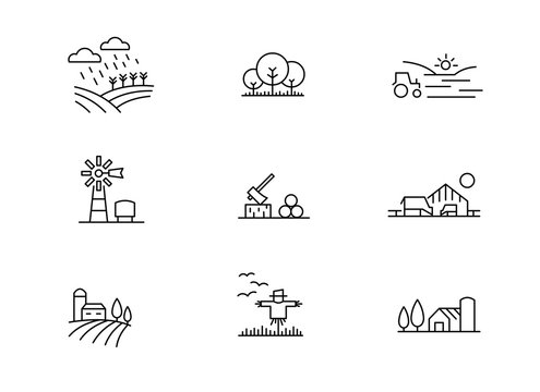 Farm landscape icons, thin line style