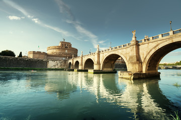 Sant Angelo Castle and Bridge in sunset time, Rome, Italia