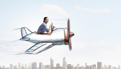 Woman in drawn airplane . Mixed media