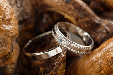 Wedding rings on wood