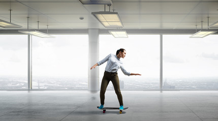 Boy ride skateboard . Mixed media