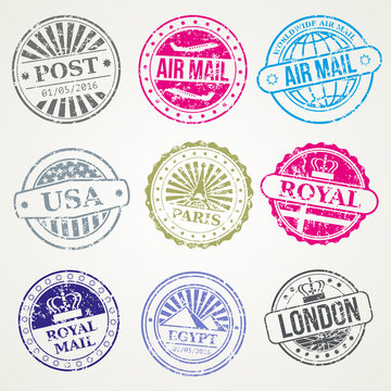 Retro postal stamps mail post office air vector set