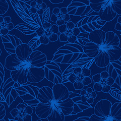 Tropical seamless pattern with exotic plants and hibiscus flowers. - obrazy, fototapety, plakaty
