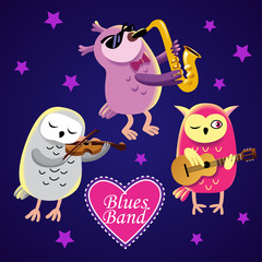 cute owls vector set in cartoon style. Musicians of blues band. isolated on blue background