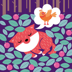cute sleeping fox in the forest. vector illustration in cartoon style.