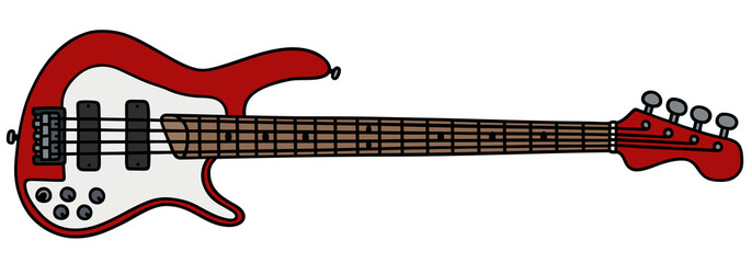 Red electric bass guitar / Hand drawing, vector illustration