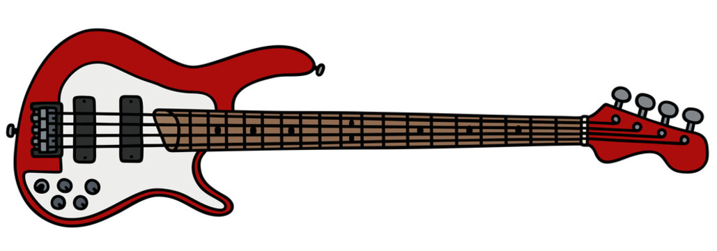 Red electric bass guitar / Hand drawing, vector illustration