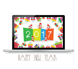 Happy new year 2017 with laptop funny kids.