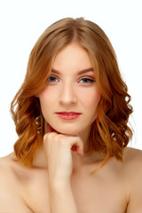 Fototapeta premium Portrait of beautiful young woman with blue eyes and red lips to