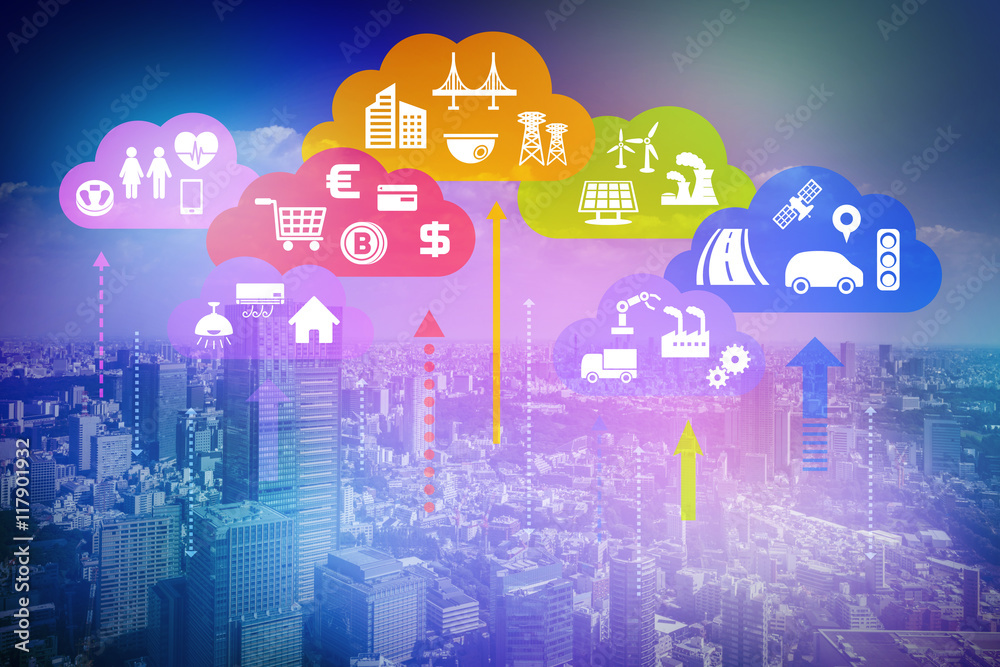Aufkleber CPS (Cyber-Physical Systems) concept abstract image, various information upload to cloud and analytical data download to real world, Cloud Computing, Internet of Things