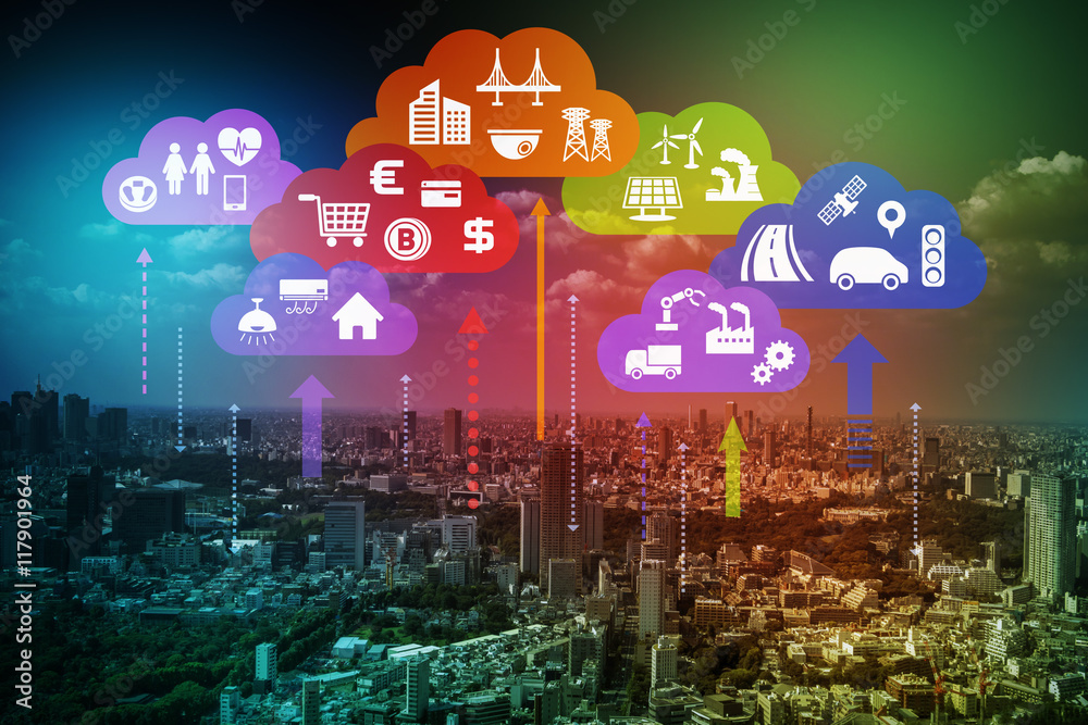 Poster CPS (Cyber-Physical Systems) concept abstract image, various information upload to cloud and analytical data download to real world, Cloud Computing, Internet of Things