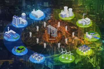 Smart Grid conceptual abstract. Various architectures and applications about renewable energy and modern lifestyle, smart energy network, smart city, internet of things