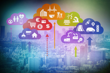 CPS (Cyber-Physical Systems) concept abstract image, various information upload to cloud and analytical data download to real world, Cloud Computing, Internet of Things