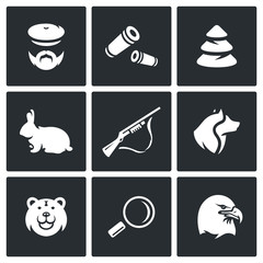 Vector Set of Hunting Icons. Hunter, Ammunition, Timber, Animal, Arms, Dog, Predator, Search, Bird.