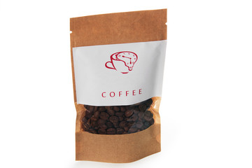 brown coffee grains into the paper package with white lable
