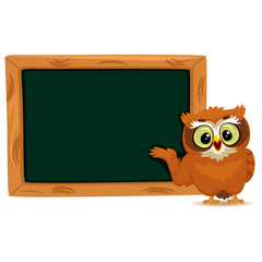 Vector Illustration of an Owl stands on Blank Blackboard
