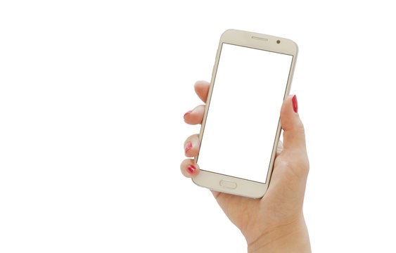Isolated smart phone in woman hand. White display and background.