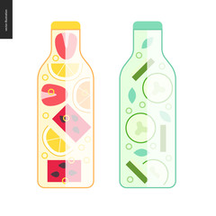 Two bottles of detox water - cartoon vector illustration of bottles filled with fruit lemonade and cucumber water, with slices of watermelon, lemon and orange, strawberry, and mint with cucumber