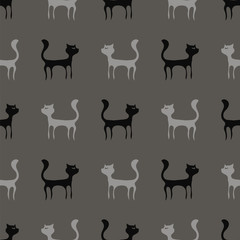 Black Grey Cats Seamless Pattern. Animal Pets Silhouettes  Background.