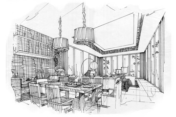 sketch stripes dining & living, black and white interior design.