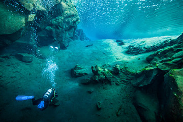 Scuba diving at the divespot Silfra in Iceland