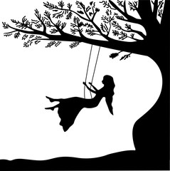 Young girl sitting on the swing in summer garden, silhouette