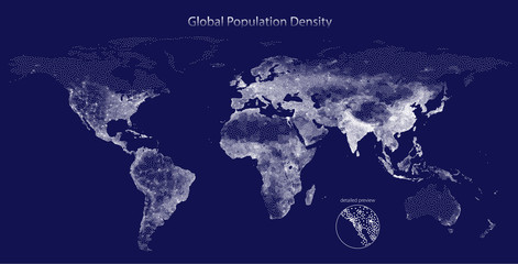 Stippled vector map of global population density. Dark edition - obrazy, fototapety, plakaty