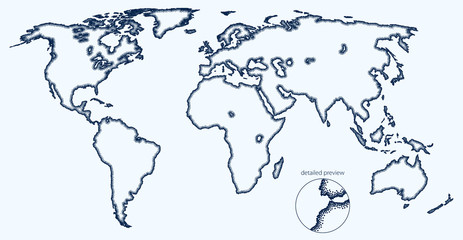 Stippled world stylized vector map. Inside shadow effect. Light edition