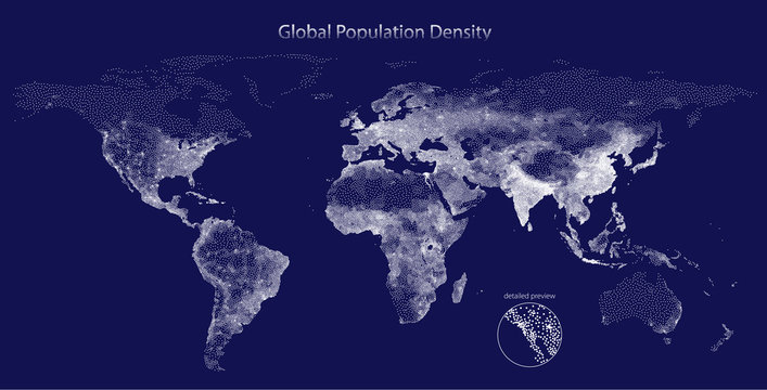 Stippled vector map of global population density. Dark edition