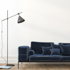 Minimalistic interior with a stylish blue sofa