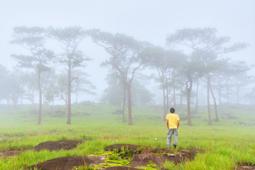 Happy young man is relaxing and enjoying morning mist in forest