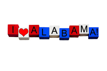 I Love Alabama, sign for America, US states, travel. Isolated.