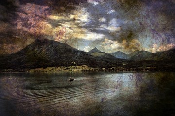 Mountain and lake grunge concept