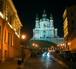 Andriyivskyy Descent with the Saint Andrew's Church at night