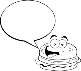 Black and white illustration of a hamburger with a caption balloon.