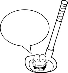 Black and white illustration of a golf club with a caption balloon.