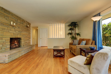 Nice living room in blue and brown colors with stone tile fireplace.
