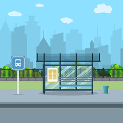Bus stop with city background .