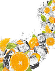 Oranges in water splash on white background