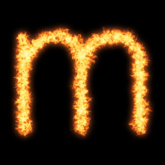 Lower case letter m with fire on black background- Helvetica font based