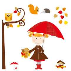 dziewczynka z czerwoną parasolką, elementy jesienne