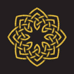 Golden glittering logo symbol in Celtic style on black background. Tribal symbol in octagonal mandala form. Gold stamp for jewelry design.