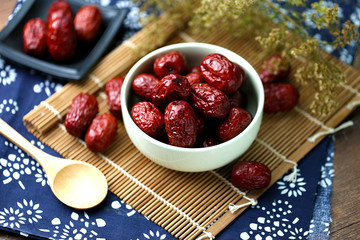 A bowl of red dates on spread a blue cloth on the desktop