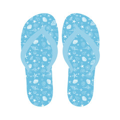 Flip flops, Slippers with seashell pattern on blue background