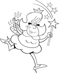Black and white illustration of a fairy godmother waving a magic wand.