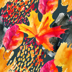 Autumn ash, maple leaf on watercolour textured background.