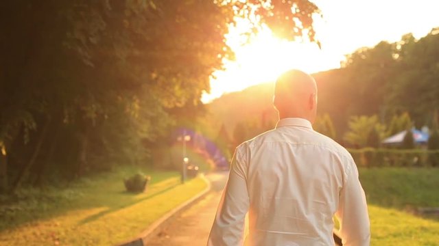 Handsome young businessman walks and relaxes at the park on golden sunset. Back view